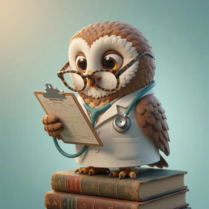 Doc Otis reading a patient chart on a stack of books